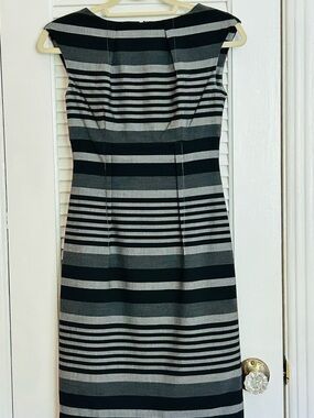Calvin Klein Black and Gray Striped Midi Sheath Dress